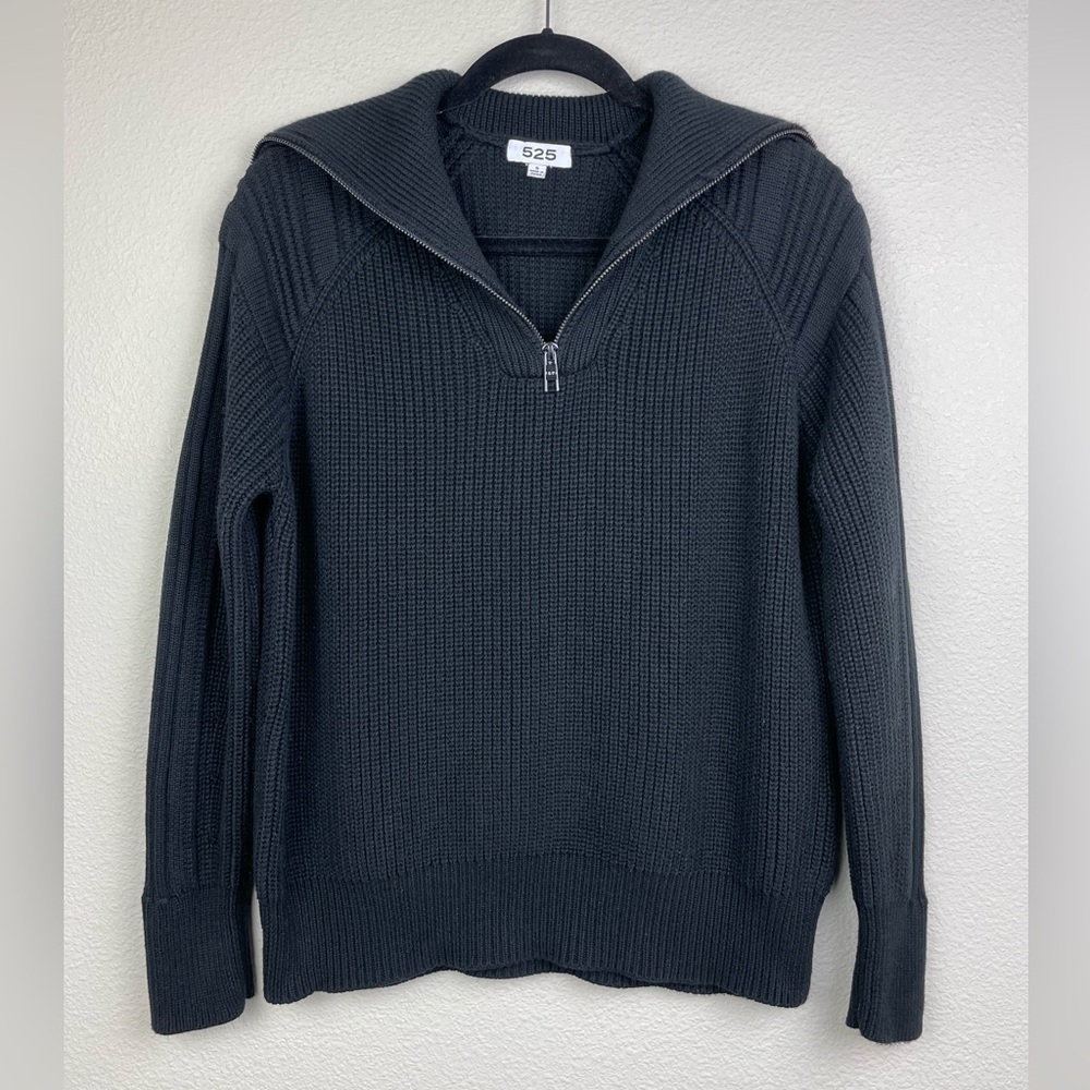 525 America Women's Small Nina 3/4 Zip Sweater Chunky Knit Turtleneck BLACK Pop